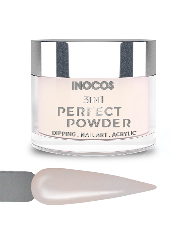 INOCOS PERFECT POWDER 3 EM 1 P09 Véu Bege 20GR Frasco de pó para unhas INOCOS 3 em 1 com tampa prateada e ponta de unha nude perolado