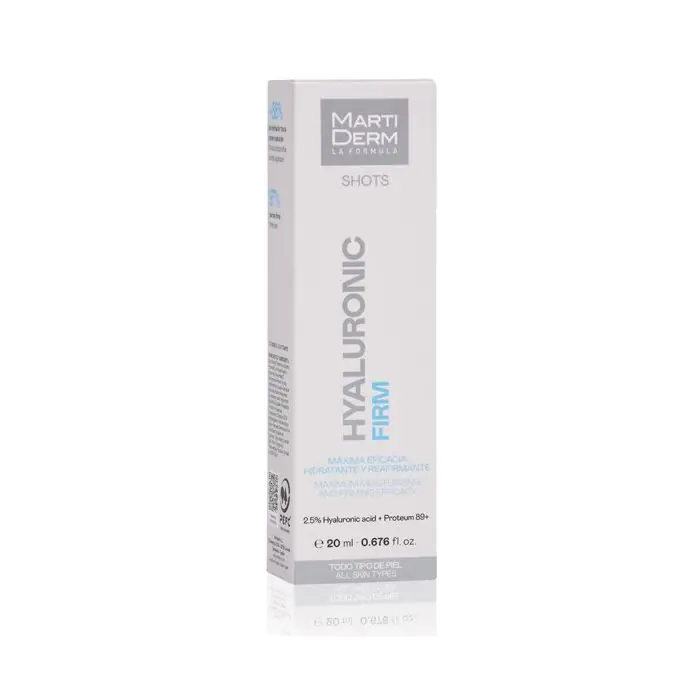 Martiderm Shot Hyaluronic Firm 20ml Embalagem branca e cinzenta de cosmético MartiDerm Hyaluronic Firm 20 ml