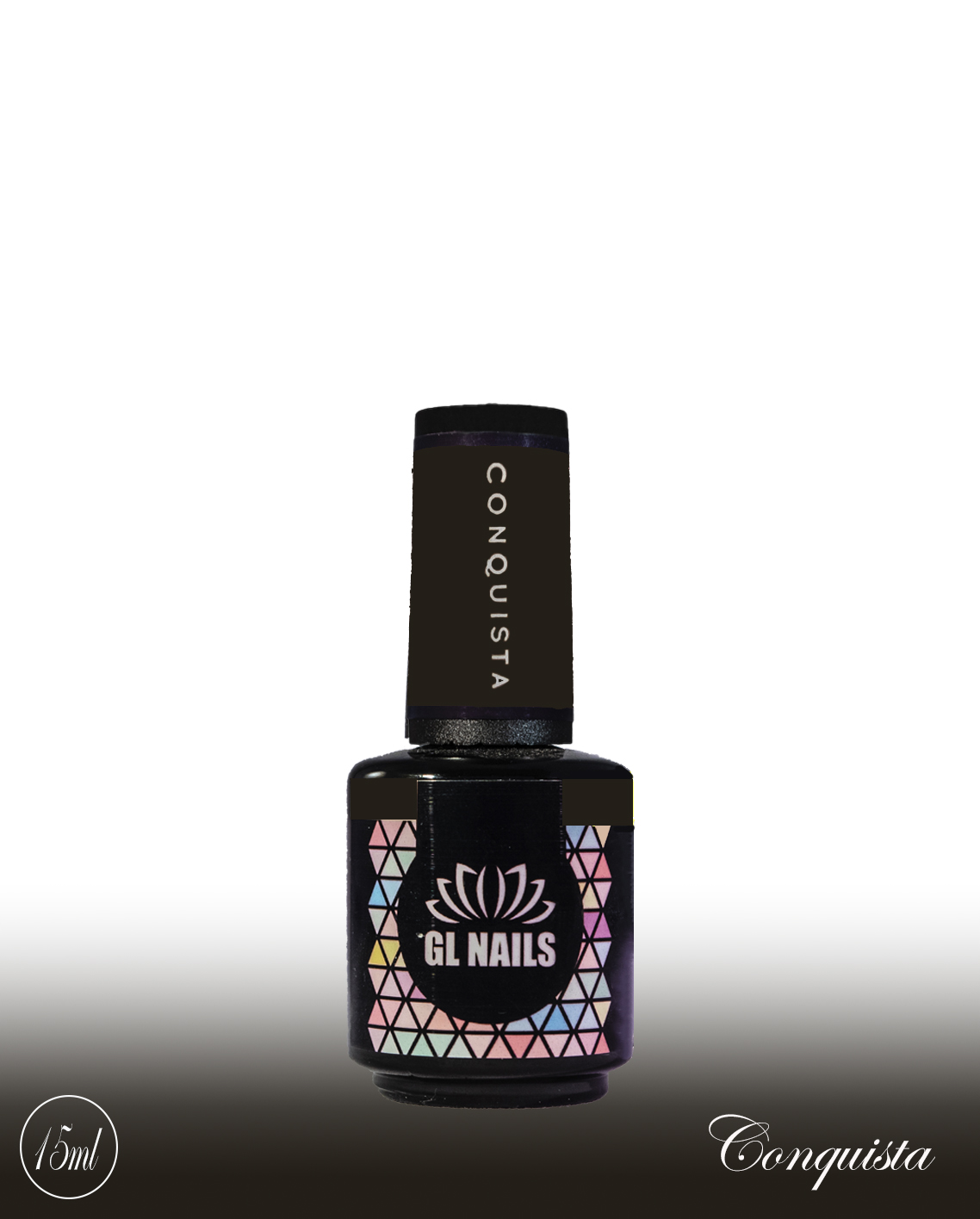 GL Nails - Verniz Gel Conquista 15ml Frasco de verniz para unhas GL NAILS com padrão geométrico colorido