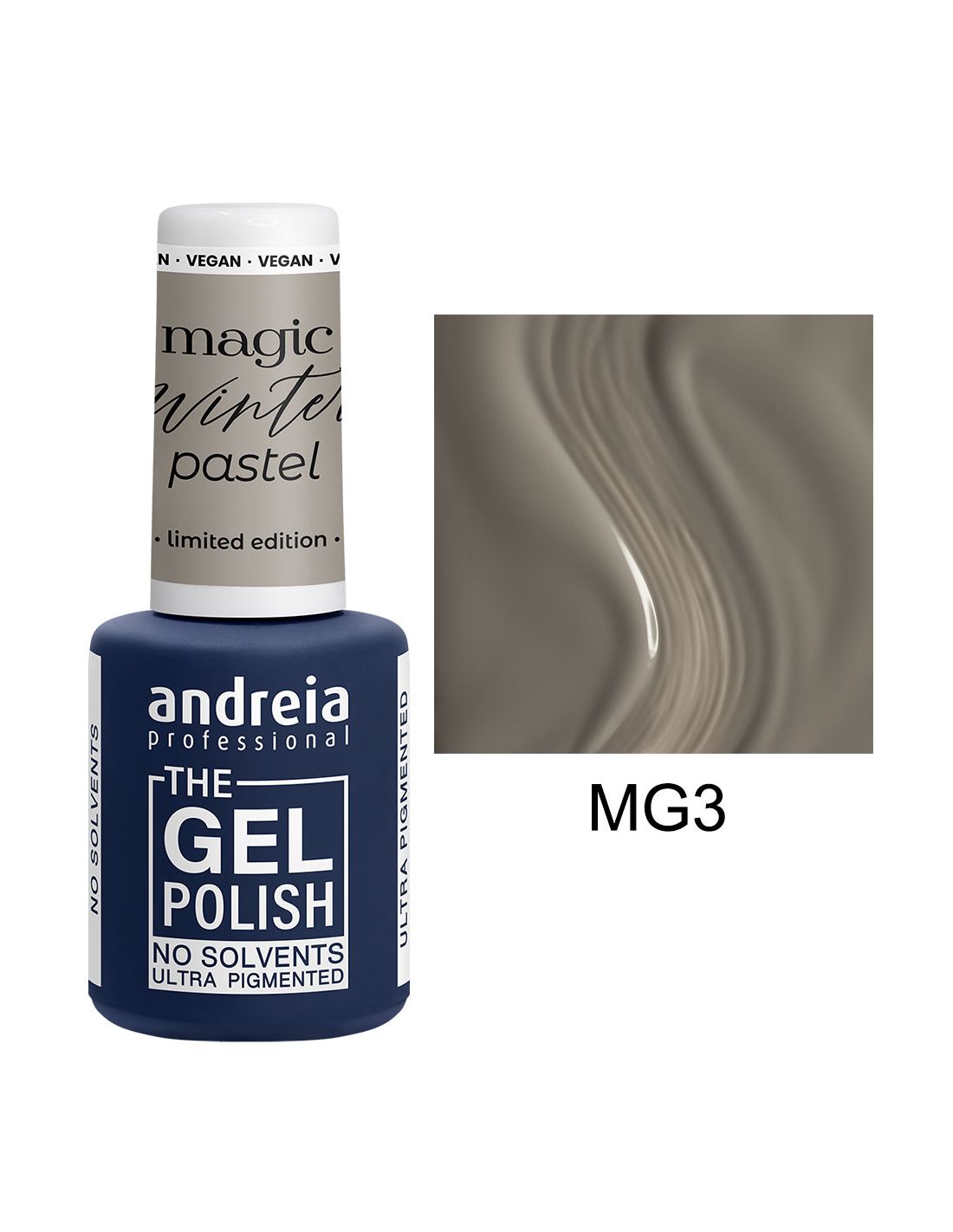The Gel Polish Andreia - Magic Winter Pastel Collection - MG3 Esmalte de unhas gel andreia azul escuro com tampa branca e amostra da cor MG3
