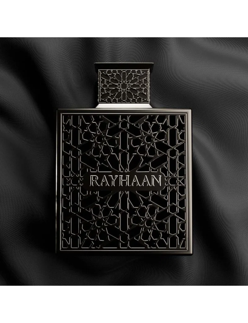Rayhaan Obsidian EDP 100ml | Floral Perfume for Men Frasco preto de perfume com ornamentos geométricos e texto RAYHAAN
