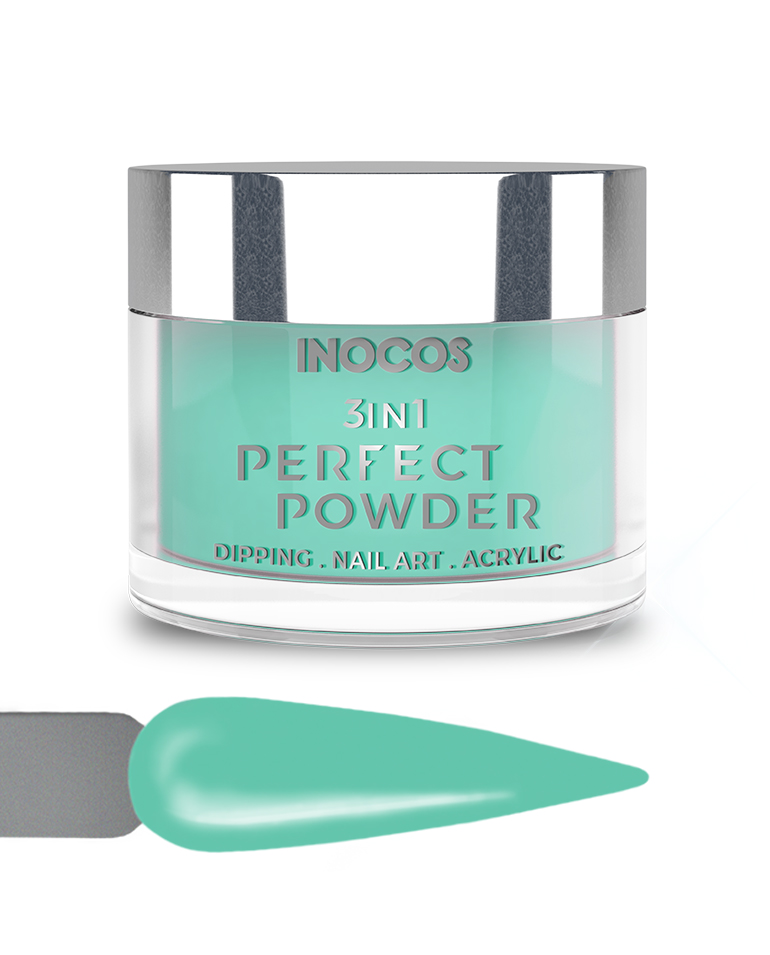 INOCOS PERFECT POWDER 3 EM 1 P57 Mojito Verde 20GR Pote de pó para unhas INOCOS verde água com tampa prateada