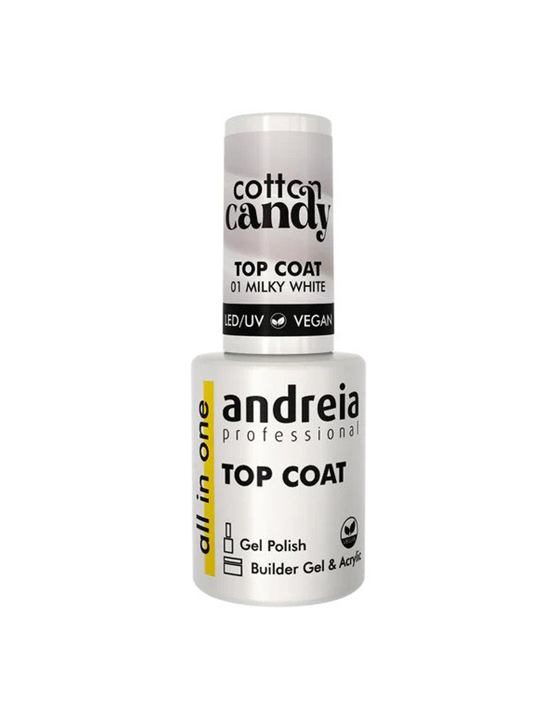 Top Coat All in One Cotton Candy 01 Andreia Profissional Milky White 10.5ml Frasco de verniz de unhas Andreia Professional Top Coat com tampa cinza clara e rótulo 'cotton candy'