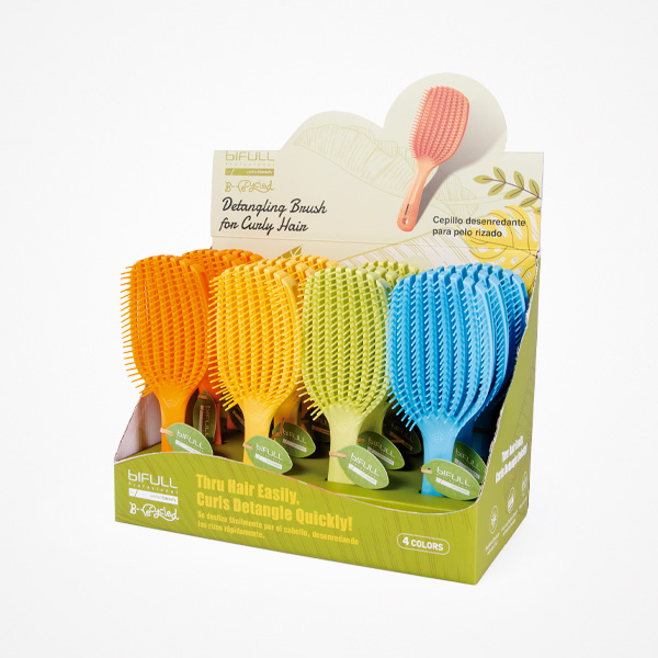 B-RECYCLED CURLY Escova Desembaraçante para Caracóis 2A a 4C em TPEE Reciclável Expositor com escovas desembaraçadoras para cabelo encaracolado em várias cores