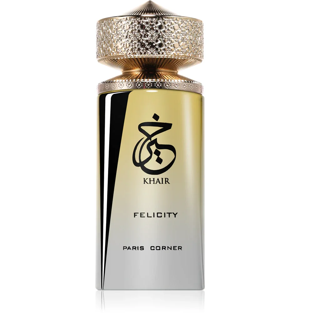 Paris Corner Khair Felicity Eau de Parfum unissexo - 100ml Frasco de perfume com tampa dourada texturada e texto KHAIR FELICITY PARIS CORNER