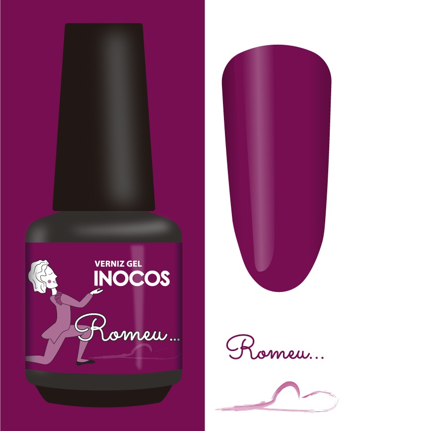 INOCOS VERNIZ GEL BAILADOS DA MARIA ROMEU 15ML Verniz gel roxo Inocos com texto ROMEU e amostra de cor em unha