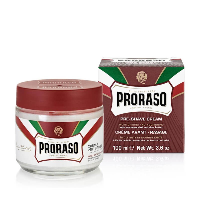 PRORASO RED PRE-SHAVING CREAM 100ML Crema pré-barba PRORASO em frasco de vidro com tampa vermelha e embalagem caixa colorida