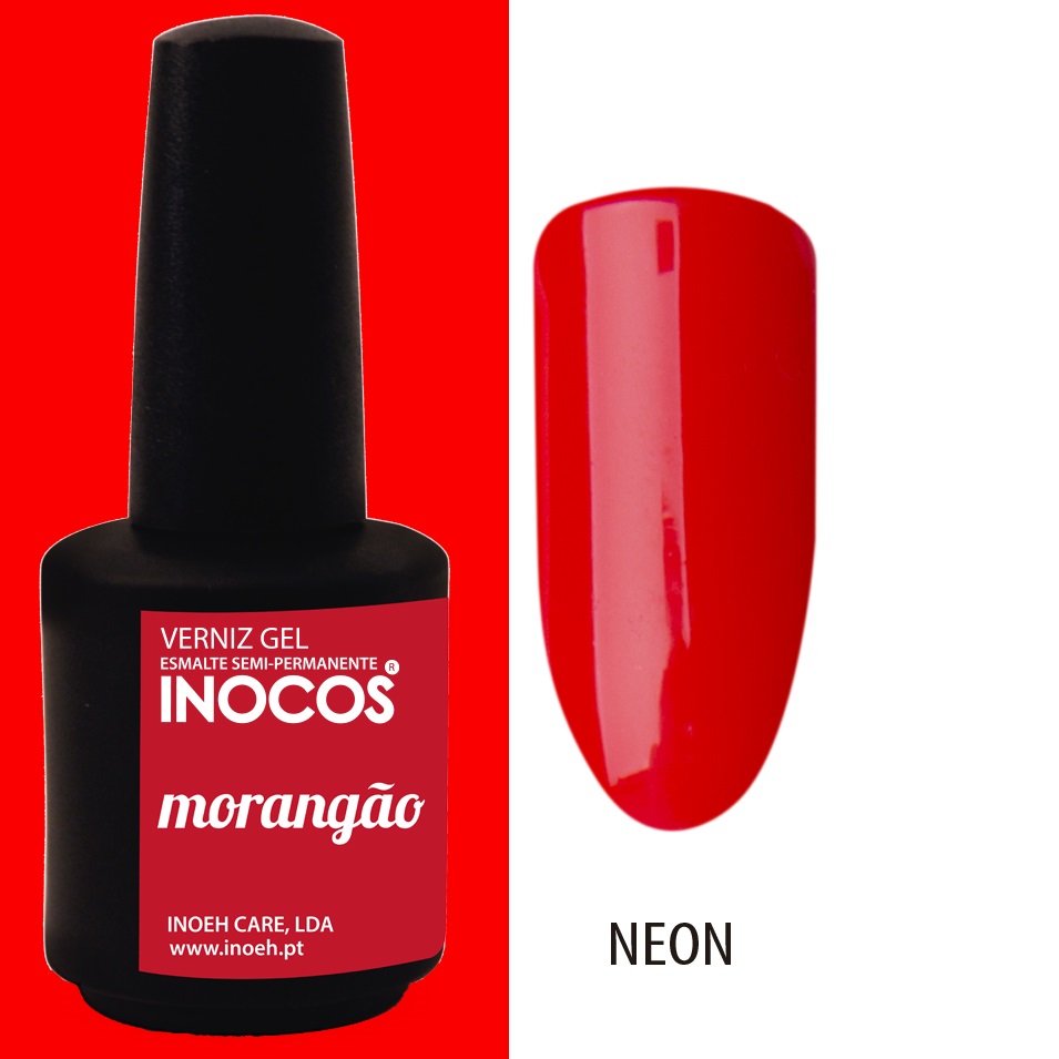 INOCOS VERNIZ GEL MORANGÃO 15ML Verniz gel INOCOS morangão vermelho com amostra de cor em unha e texto NEON