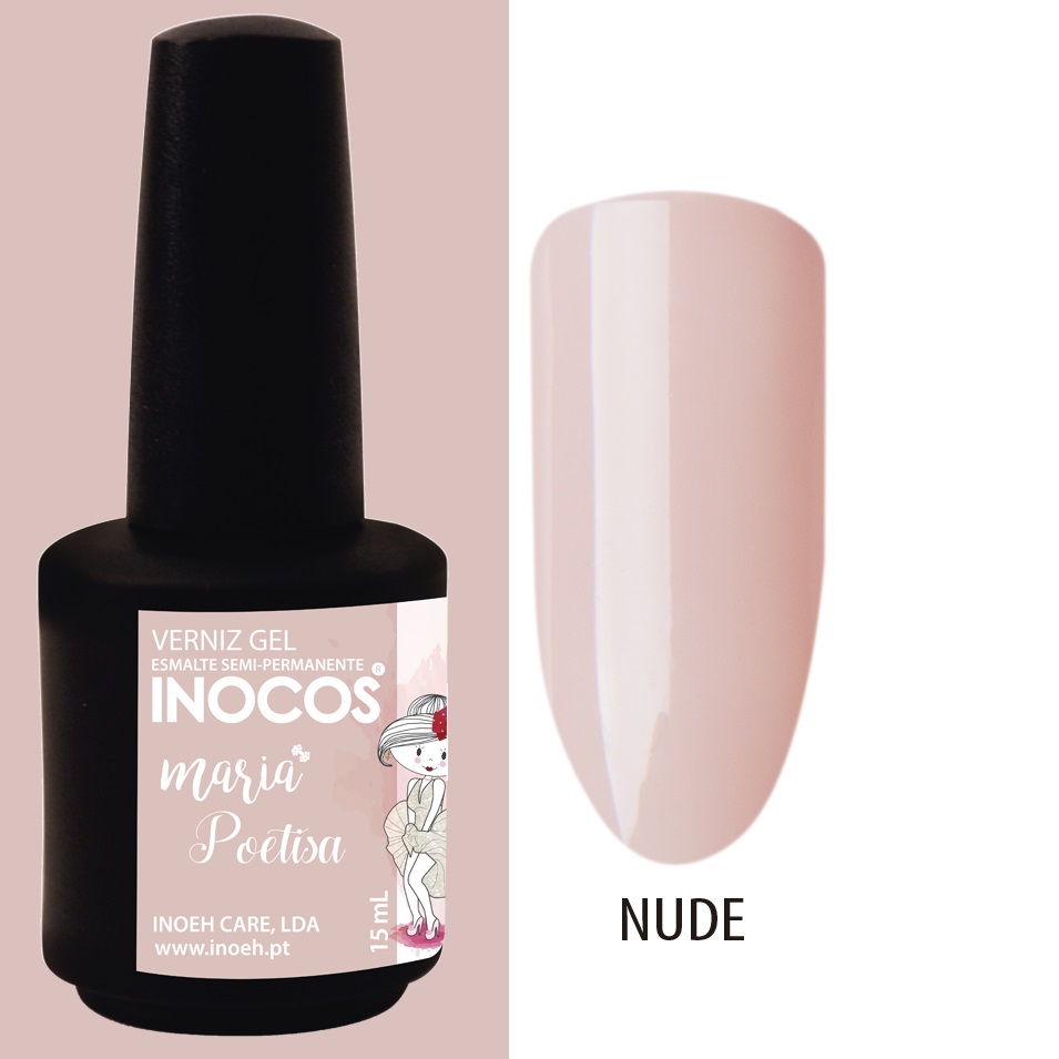 INOCOS VERNIZ GEL MARIA POETISA 15ML Verniz gel semi-permanente INOCOS cor nude com embalagem preta e rótulo rosa