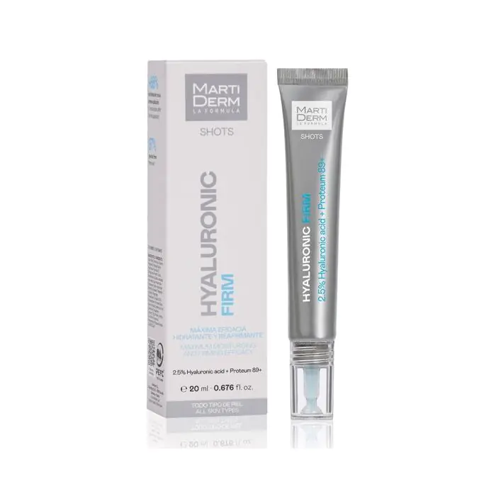 Martiderm Shot Hyaluronic Firm 20ml Produto cosmético Marti Derm Hyaluronic Firm em embalagem e tubo cinza prateado