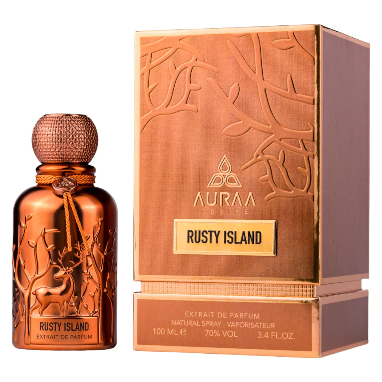 Auraa Desire Rusty Island Extrait De Parfum 100ml Frasco e caixa de perfume cobre com relevo de cervo e ramos