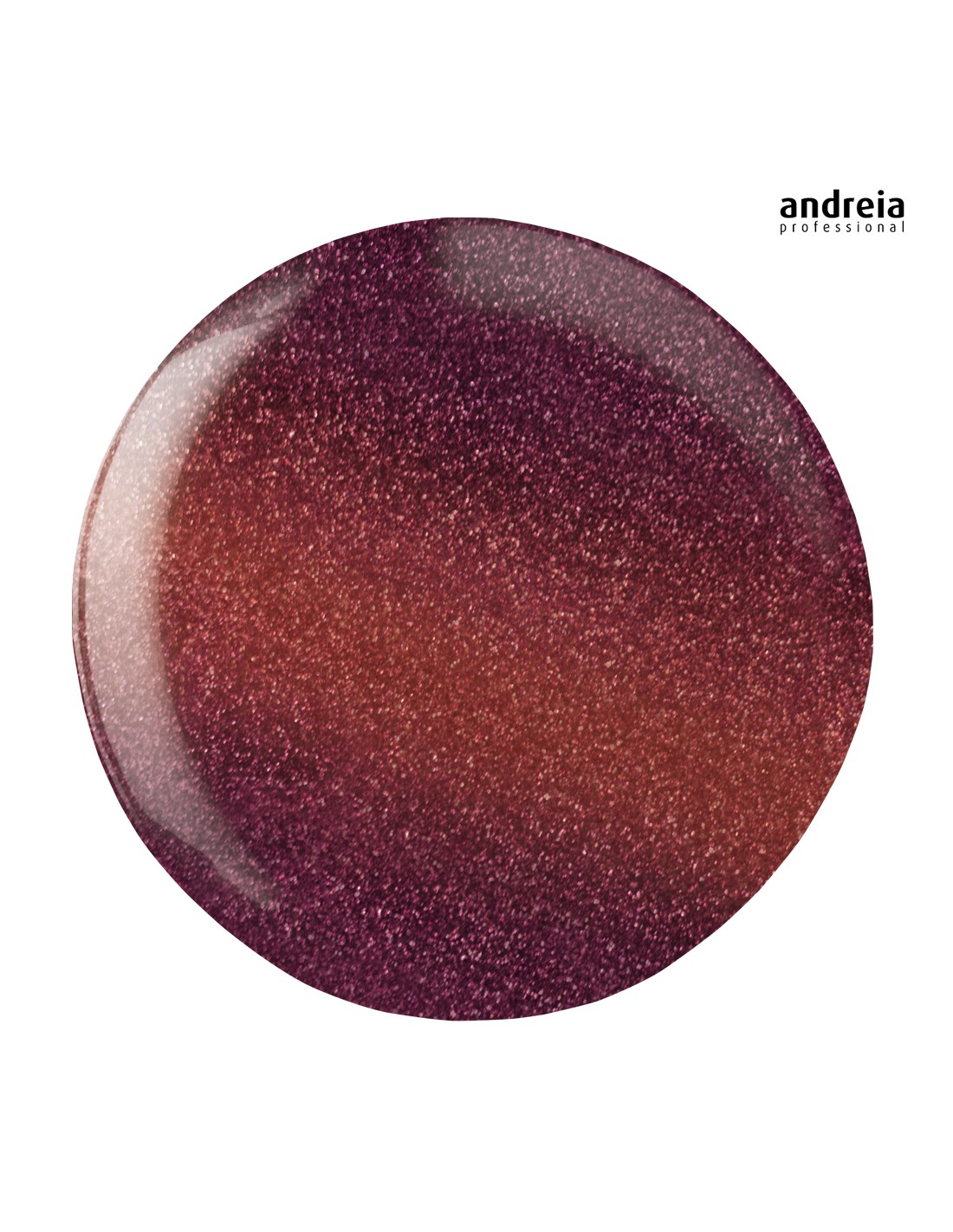 Andreia Hybrid Gel H83 - Fairy Tale Collection Castanho arroxeado metalizado Amostra circular de verniz de unhas rosa escuro e púrpura com brilho
