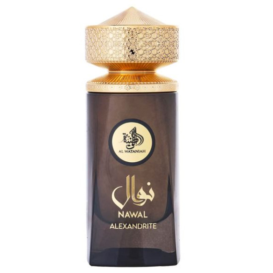 Nawal Alexandrite | Eau De Parfum 100ml | by Al Wataniah Frasco de perfume escuro com tampa dourada decorada e texto NAWAL ALEXANDRITE