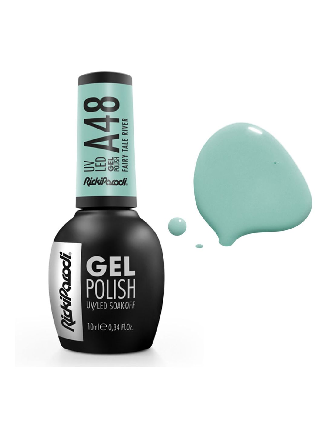Verniz Gel A48 Fairy Tale River - Water Collection - Ricki Parodi Frasco de verniz gel RickiParodi A48 e amostra da cor verde água cremosa