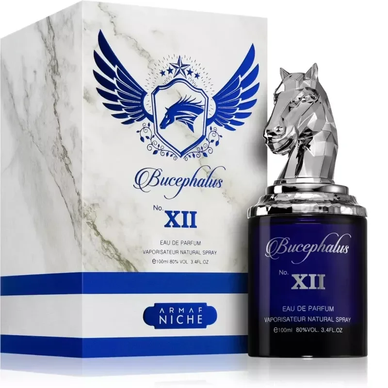 Armaf Bucephalus XII Eau De Parfum 100ml Frasco azul escuro de perfume com tampa em forma de cabeça de cavalo prateada e embalagem branca marmoreada com texto azul