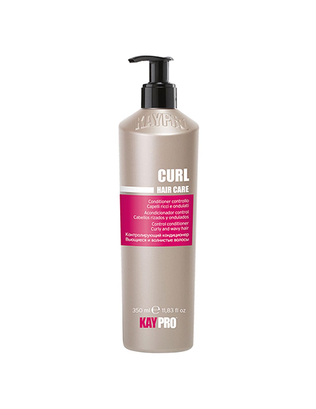 Condicionador Curl 350ml - KayPro Frasco prateado com bomba preta de condicionador KayPro Curl Hair Care