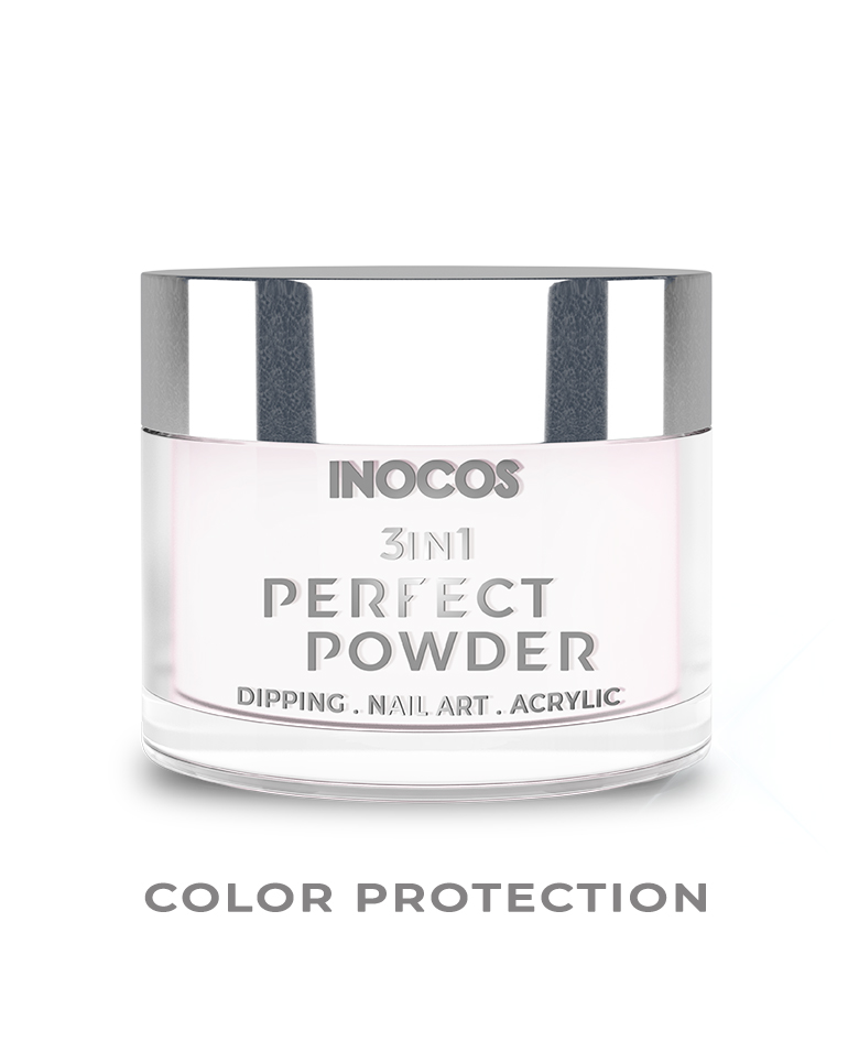 INOCOS PERFECT POWDER 3 EM 1 COLOR PROTECTION 20GR Frasco de pó para unhas INOCOS 3IN1 PERFECT POWDER com tampa prateada