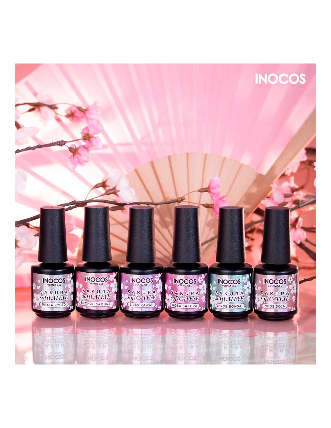 Coleção SAKURA softCateye Vernizes - INOCOS Seis frascos de verniz para unhas rosa e roxo da coleção Sakura da Inocos em fundo rosa com flores