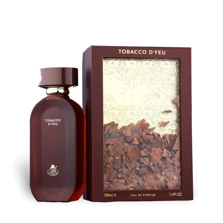 Fragrance World Tobacco D'Feu Eau De Parfum 100ml Frasco de perfume castanho e caixa com design castanho e dourado com texto TOBACCO DFEU