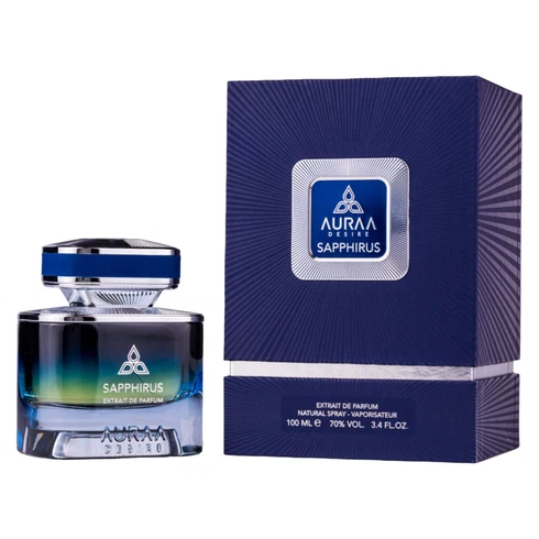 Auraa Sapphirus Extrait De Parfum Spray 100ml Frasco e caixa do perfume Aurra Desire Sapphirus em azul e prateado