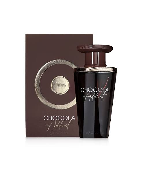 French Avenue Chocola Addict Eau De Parfum 100ml Frasco de perfume castanho escuro com caixa castanha decorada