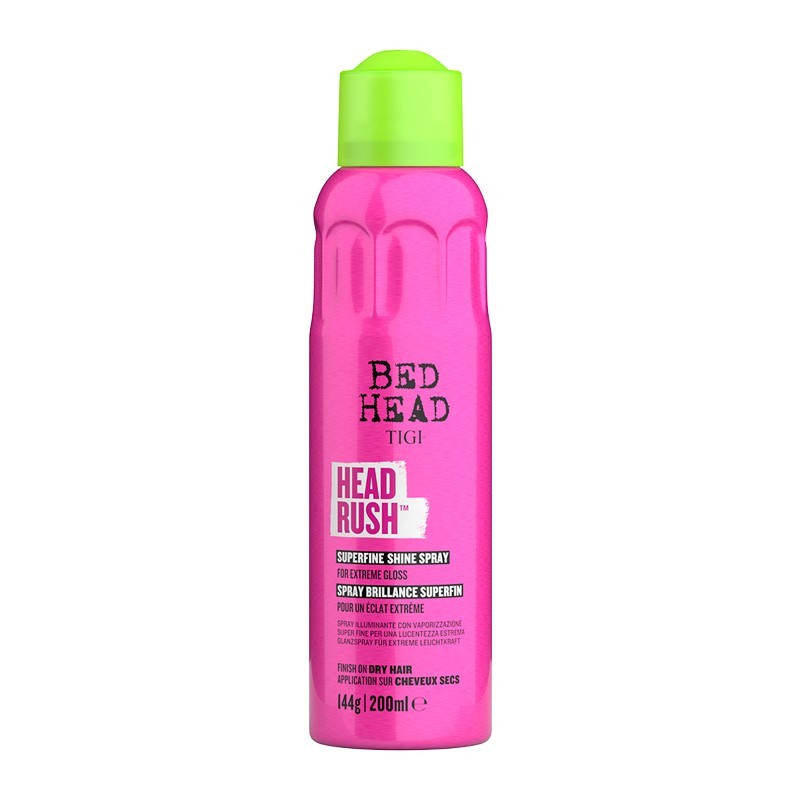 Tigi Bed Head Headrush Spray 200ml Frasco rosa de spray de brilho para cabelo Bed Head TIGI com tampa verde