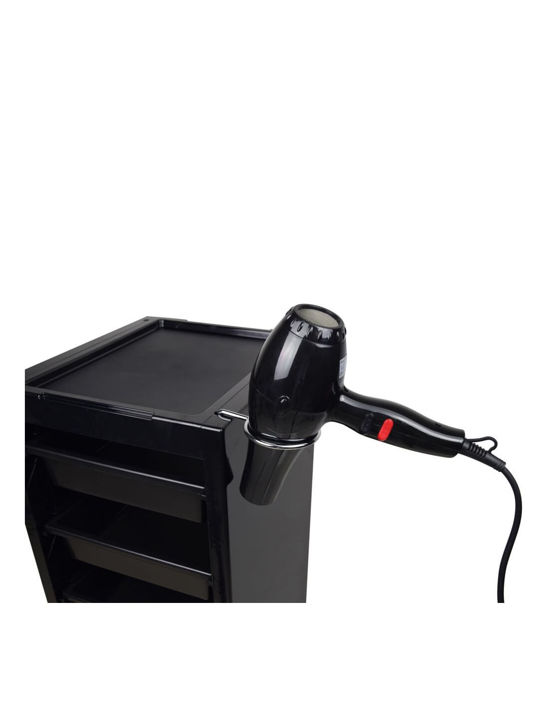 Mesa de Ajudante VITUS Secador de cabelo preto num suporte fixado a um carrinho preto