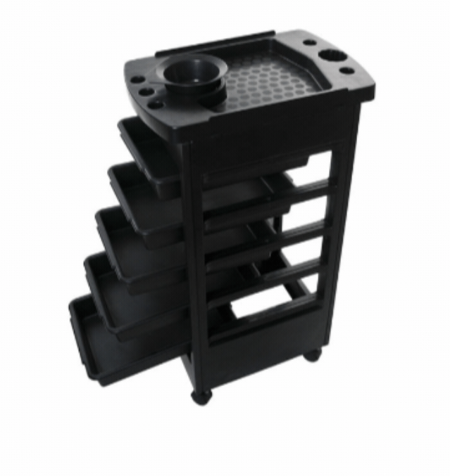 Carrinho Auxiliar de Cabeleireiro ECO Carrinho organizador móvel preto de plástico com gavetas e rodas