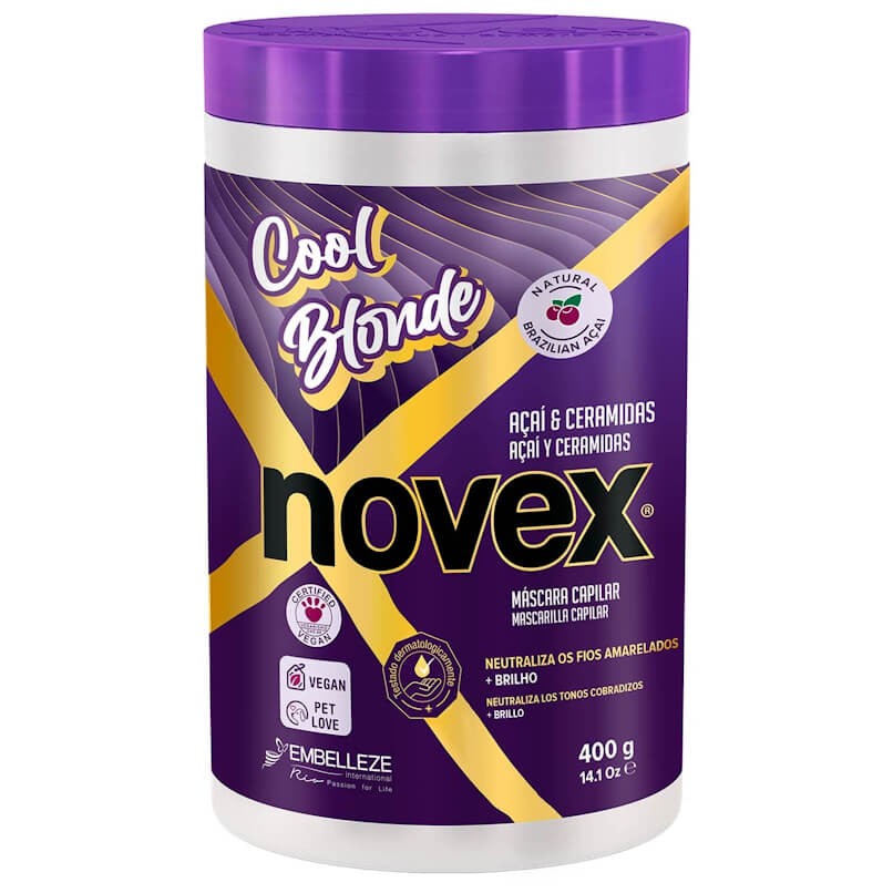 MÁSCARA NOVEX COOL BLONDE 400G Máscara capilar Novex Cool Blonde Açaí & Ceramidas embalagem roxa com detalhes dourados