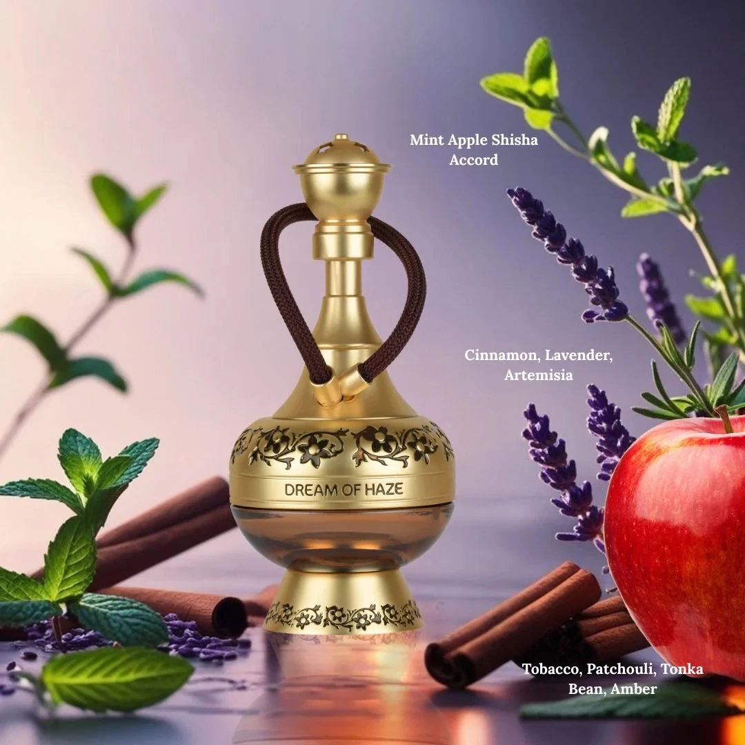 Dream Of Haze Lattafa Perfumes Compartilhável 100 ml Frasco dourado floral com canela, hortelã, lavanda e maçã