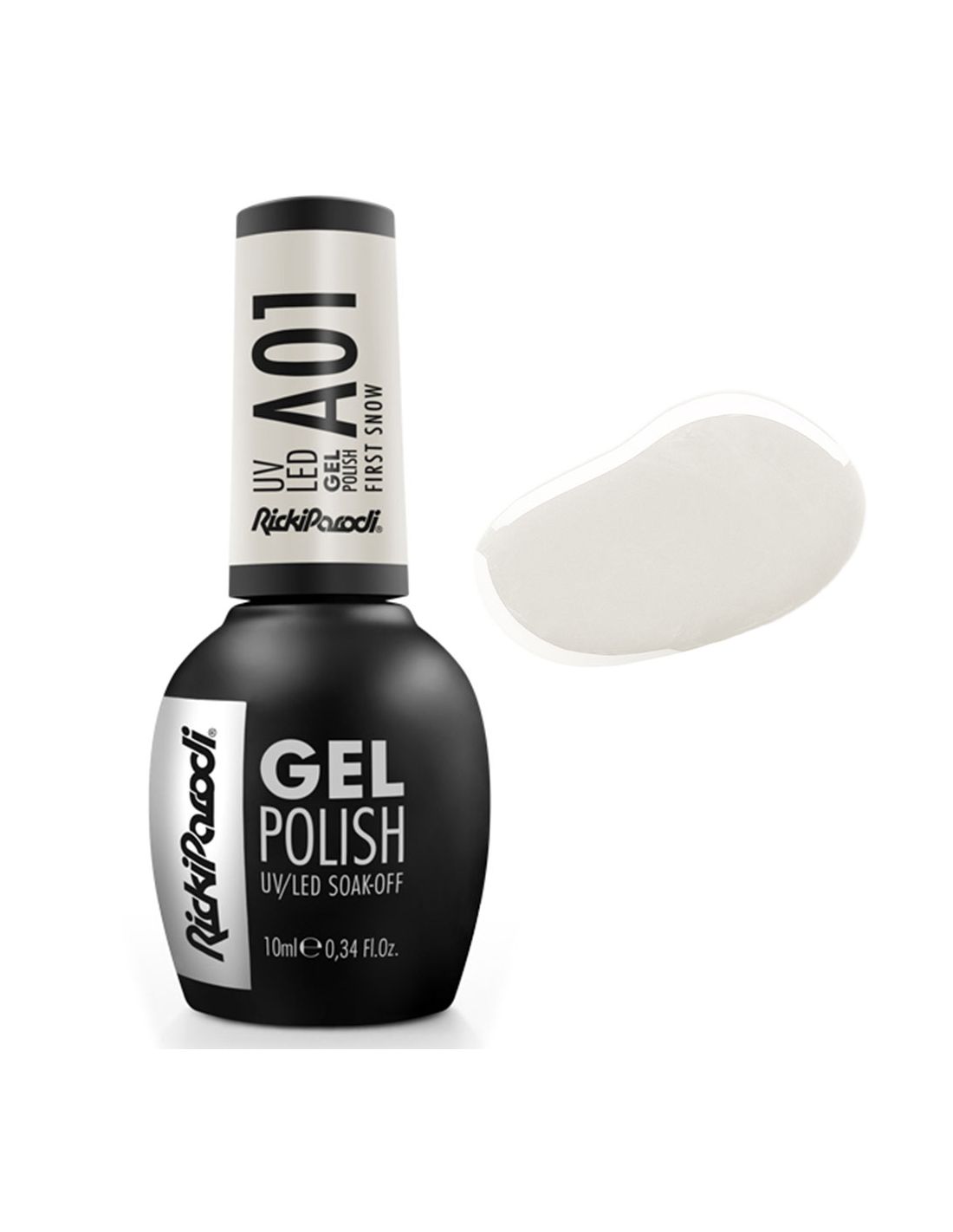 Verniz Gel A01 First Snow - Air Collection - Ricki Parodi Frasco de verniz gel preto com tampa branca e amostra de cor branca satinada