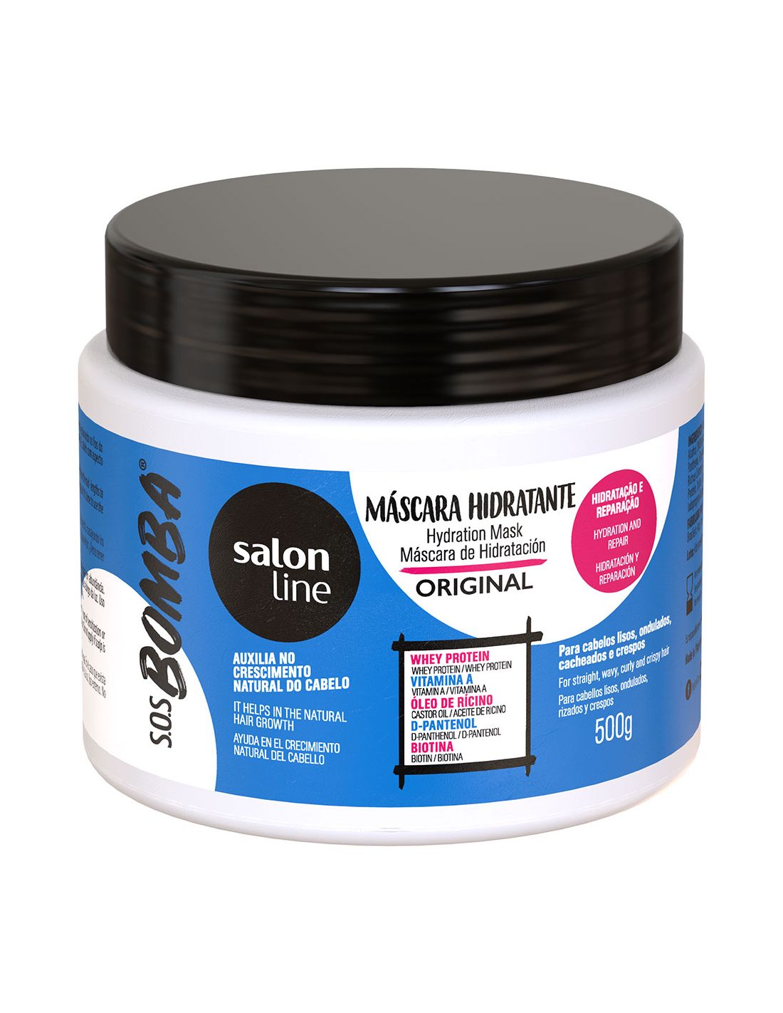 Salon Line Máscara SOS Bomba Original 500gr Máscara hidratante para cabelo Salon Line 500g com tampa preta e rótulo azul e branco