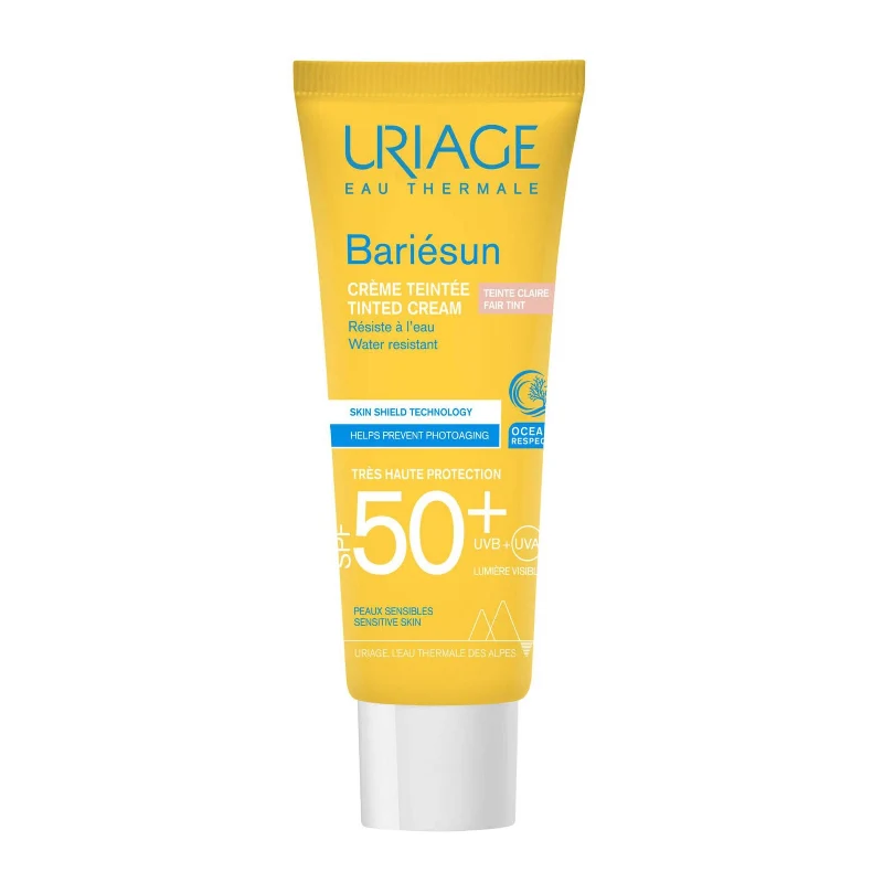 Protetor Solar Uriage Bariésun Creme com Cor SPF50+ Tom Claro 50ml Tubo amarelo de creme solar Uriage Bariésun SPF 50+