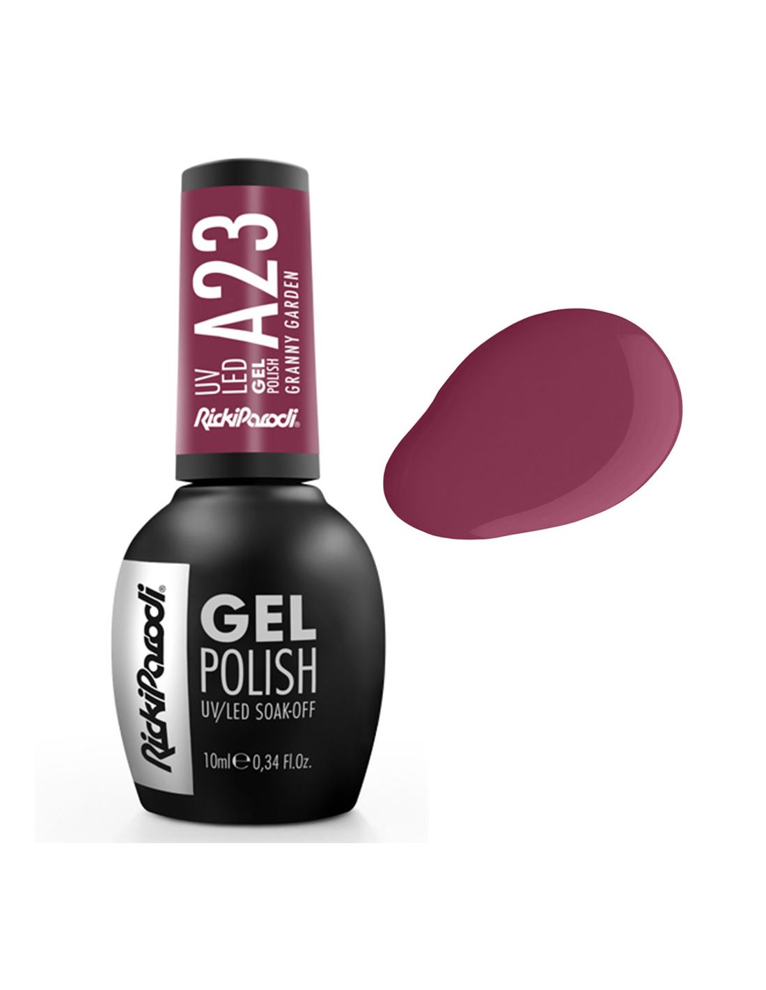 Verniz Gel A23 Granny Garden - Air Collection - Ricki Parodi Frasco de verniz de gel para unhas preto fosco com tampa rosa escuro e amostra da cor