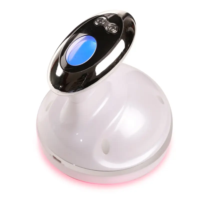 ItalianDesign Modelador corporal Ultrassom e Radiofrequencia Dispositivo eletrônico branco e prateado com ecrã azul e luz vermelha na base