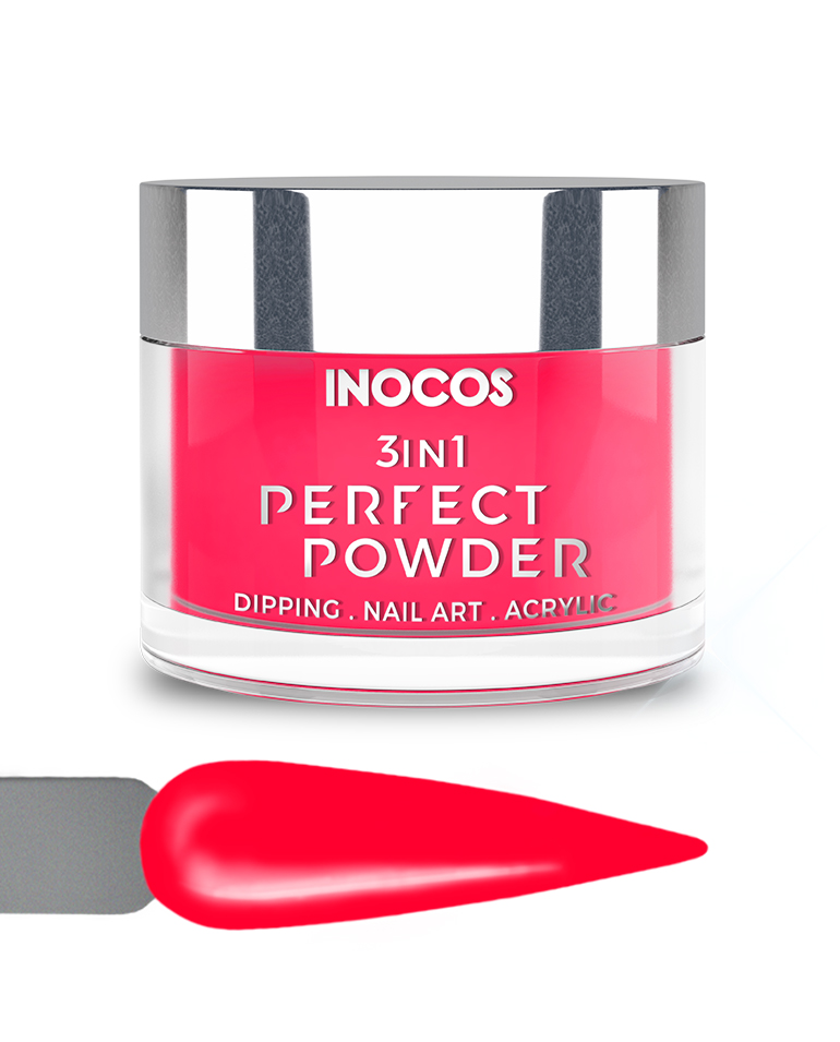INOCOS PERFECT POWDER 3 EM 1 P21 Rosa Radioactivo 20GR Frasco de pó para unhas vermelho INOCOS 3IN1 PERFECT POWDER com tampa prateada e amostra da cor aplicada