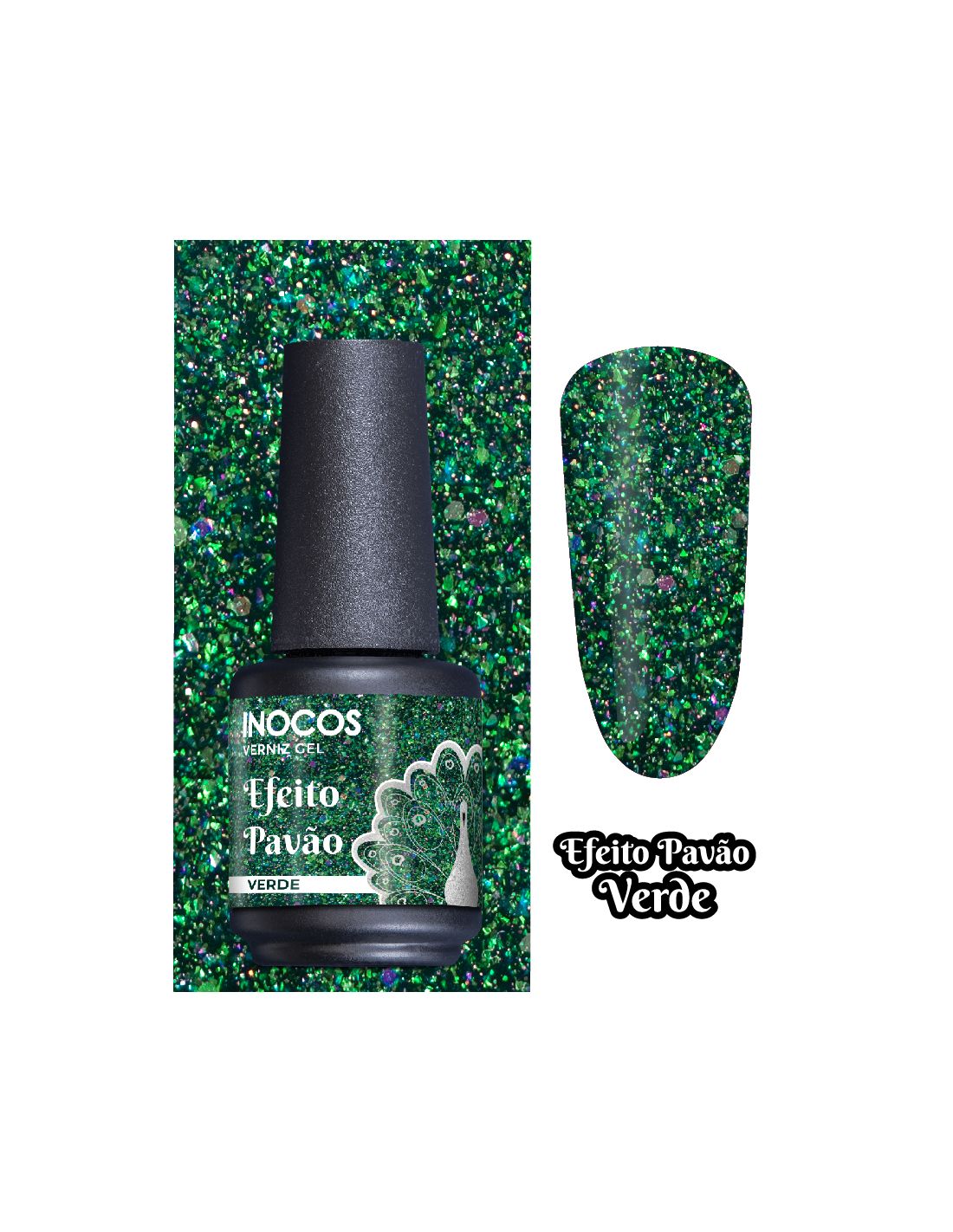 INOCOS VERNIZ GEL Verde 15ml - Coleção Efeito Pavão Verniz gel verde com efeito pavão da INOCOS com amostra da cor
