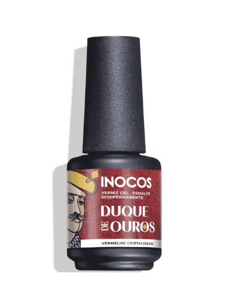Verniz Gel Inocos QH4 Duque de Ouros 15ml Vermelho Cristalizado Frasco de verniz gel vermelho com rótulo INOCOS DUQUE DE OUROS.
