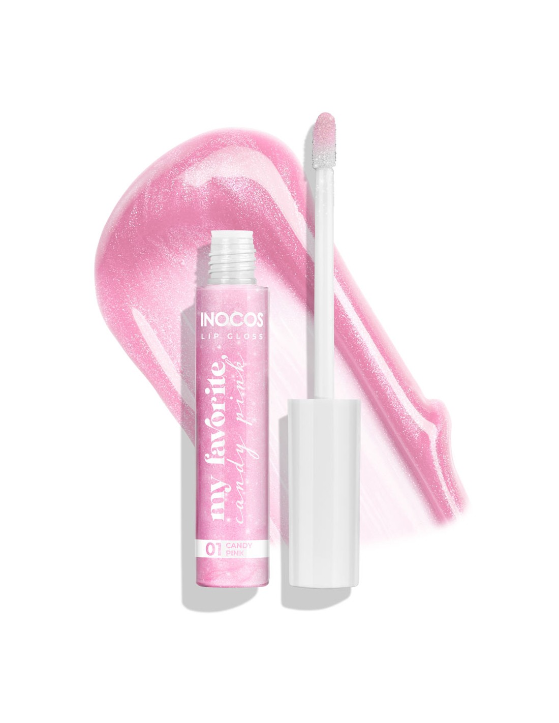 Lip Gloss 01 Candy Pink 8ml - Inocos Coleção de Natal "A minha coisa favorita" Gloss de lábios cor-de-rosa claro com aplicador e embalagem branca