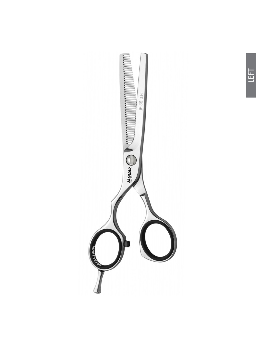 Jaguar Tesoura Desbaste JP 38 Left White Line Tesoura profissional de cabelo prateada e preta com lâmina dentada e fundo branco