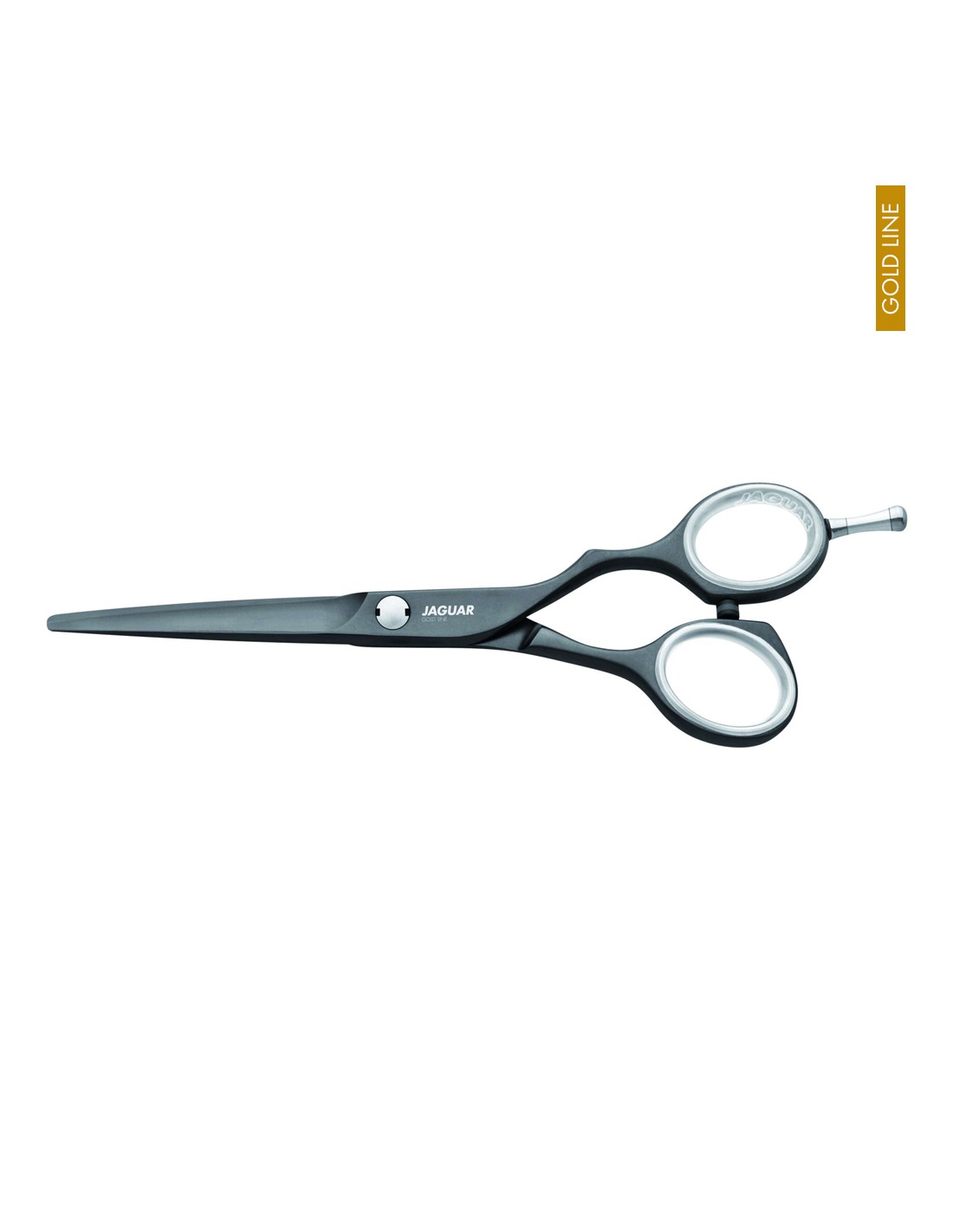 Jaguar Tesoura Diamond e Ceramic Fusion Gold Line Tesoura de cabelo preta JAGUAR GOLD LINE em fundo branco