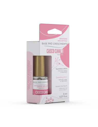 Base Pró-Crescimento 8ml - Casco Cavalo Base para unhas CASCO CAVALO com queratina e mirra em frasco de vidro com embalagem branca e rosa