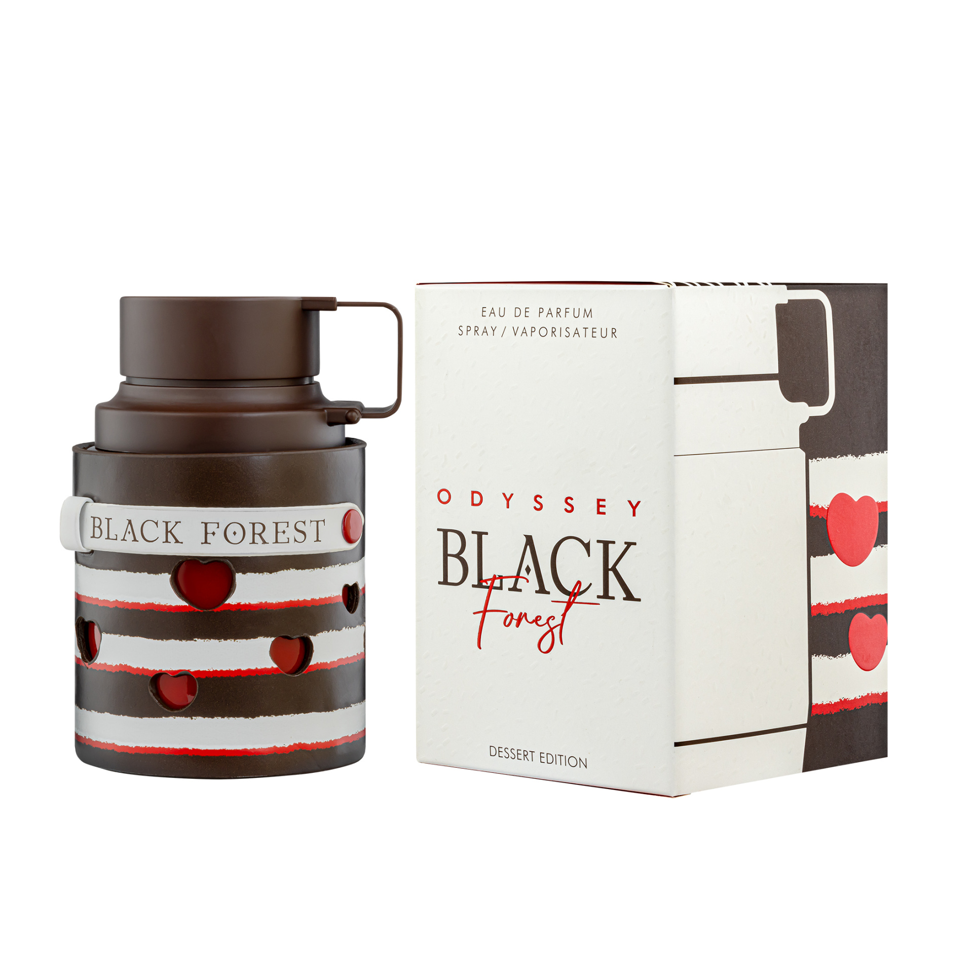 Odyssey Black Forest Eau De Parfum 100ml Frasco de perfume castanho e branco com detalhes vermelhos e caixa branca com texto