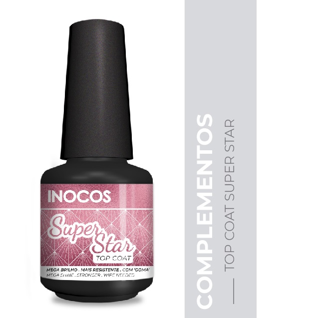 INOCOS Topcoat Superstar 15 ML Frasco de verniz top coat INOCOS Super Star rosa e preto