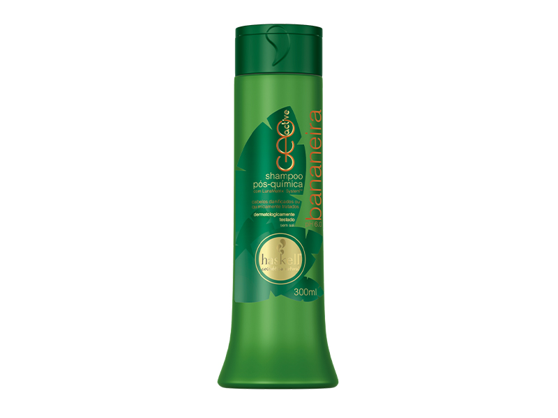 Haskell SHAMPOO POS QUIMICA BANANEIRA 300 ML Frasco verde de shampoo eco para cabelos pós-química