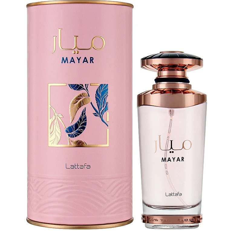 Mayar | Lattafa Perfume Mayar com embalagem rosa cilíndrica e frasco transparente com tampa cobre