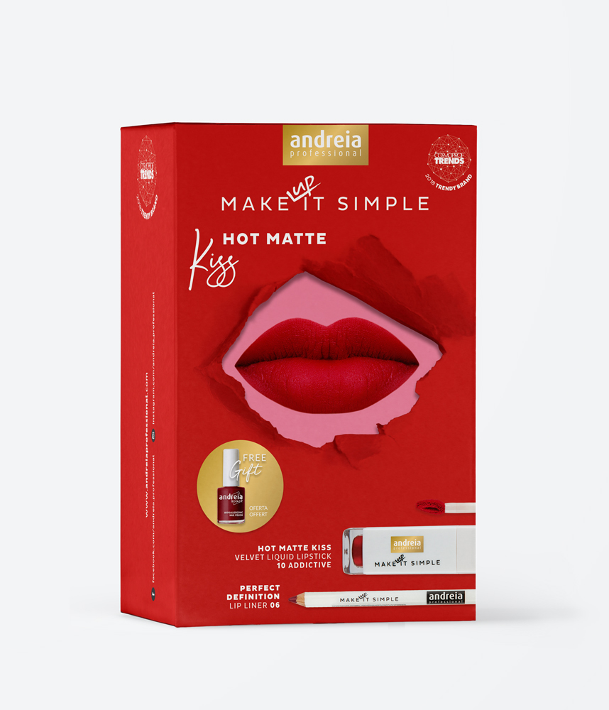 Andreia Makeup Kit Hot Matte Kiss Embalagem vermelha de maquilhagem com texto e imagem de lábios