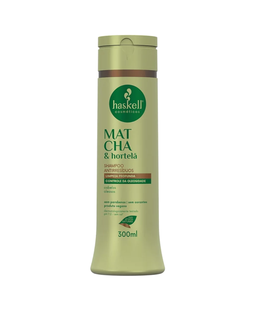 Haskell Shampoo Antirresíduos Matcha e Hortelã 300ml Frasco verde claro de shampoo Haskell Matcha & Hortelã 300ml