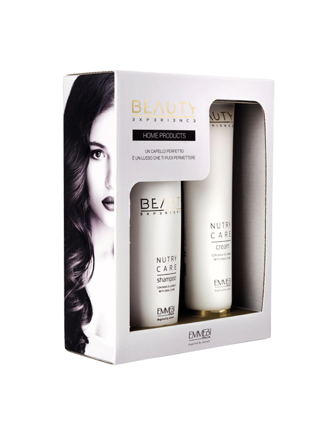 Kit Shampoo e Máscara Nutry Care - Beauty Experience - Emmebi Conjunto Beauty Xperience shampoo e creme Nutry Care em caixa branca com foto de mulher