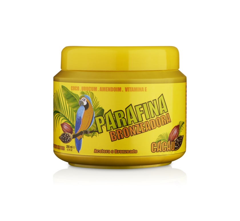 PARAFINA BRONZEADORA 200ML Frasco amarelo de parafina bronzeadora com ilustração de arara azul